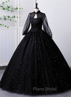 Black High Neckline Long Sleeves Tulle Sweet 16 Dresses, Black Ball Gown Formal Dresses