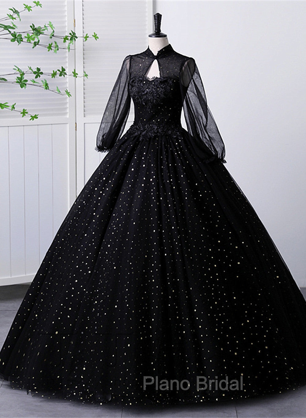 Black High Neckline Long Sleeves Tulle Sweet 16 Dresses, Black Ball Gown Formal Dresses Secondary image