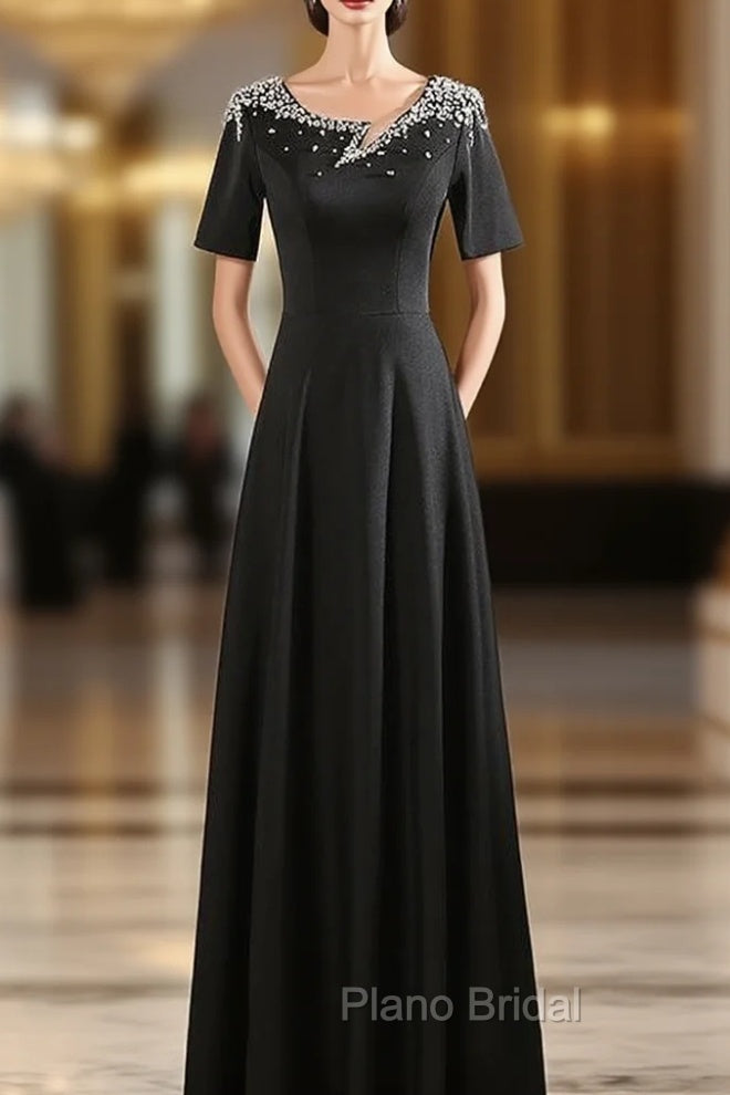 Black Irregular Neck Short Sleeve Crystal Formal Prom Dresses Main image
