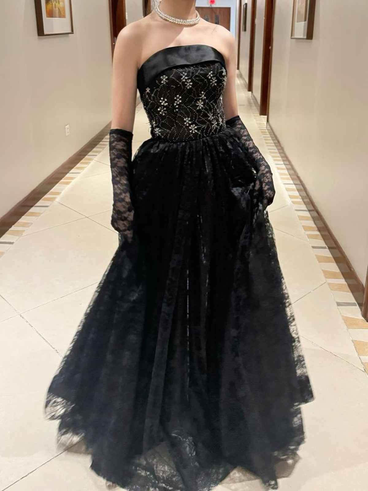 Black Lace A-Line Strapless Beaded Long Formal Dresses, Black Floor Length Formal Evening Dresses