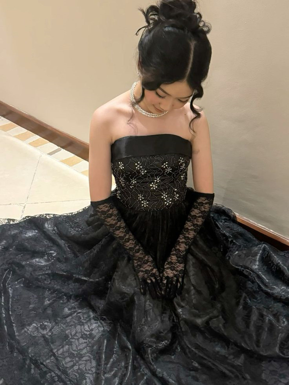 Black Lace A-Line Strapless Beaded Long Formal Dresses, Black Floor Length Formal Evening Dresses