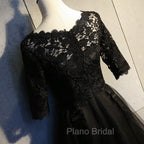 Black Lace and Tulle Short Sleeves Party Dresses Formal Dresses, Black Homecoming Dresses