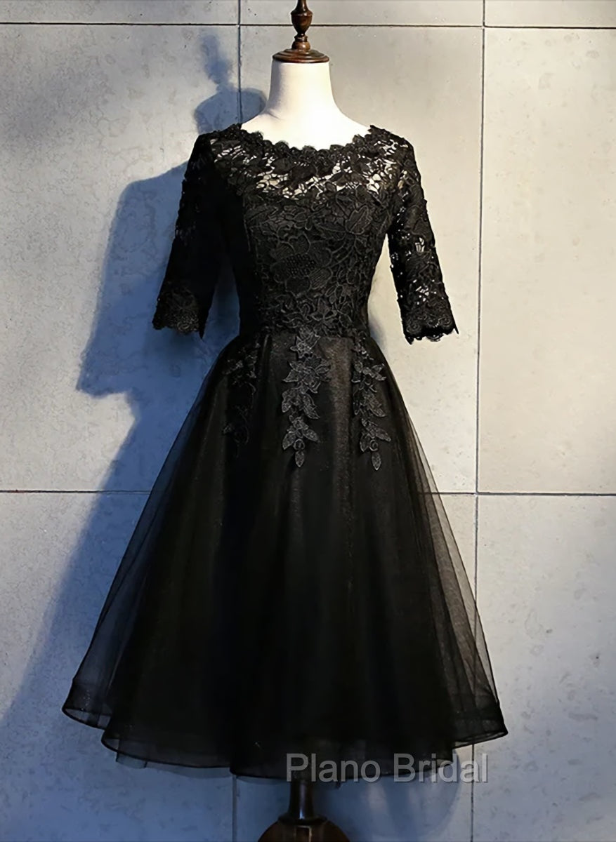 Black Lace and Tulle Short Sleeves Party Dresses Formal Dresses, Black Homecoming Dresses
