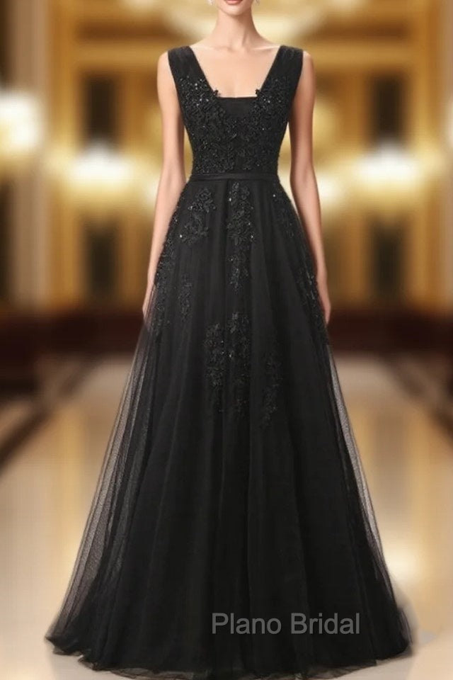 Black Lace Appliques Backless Formal Prom Dresses