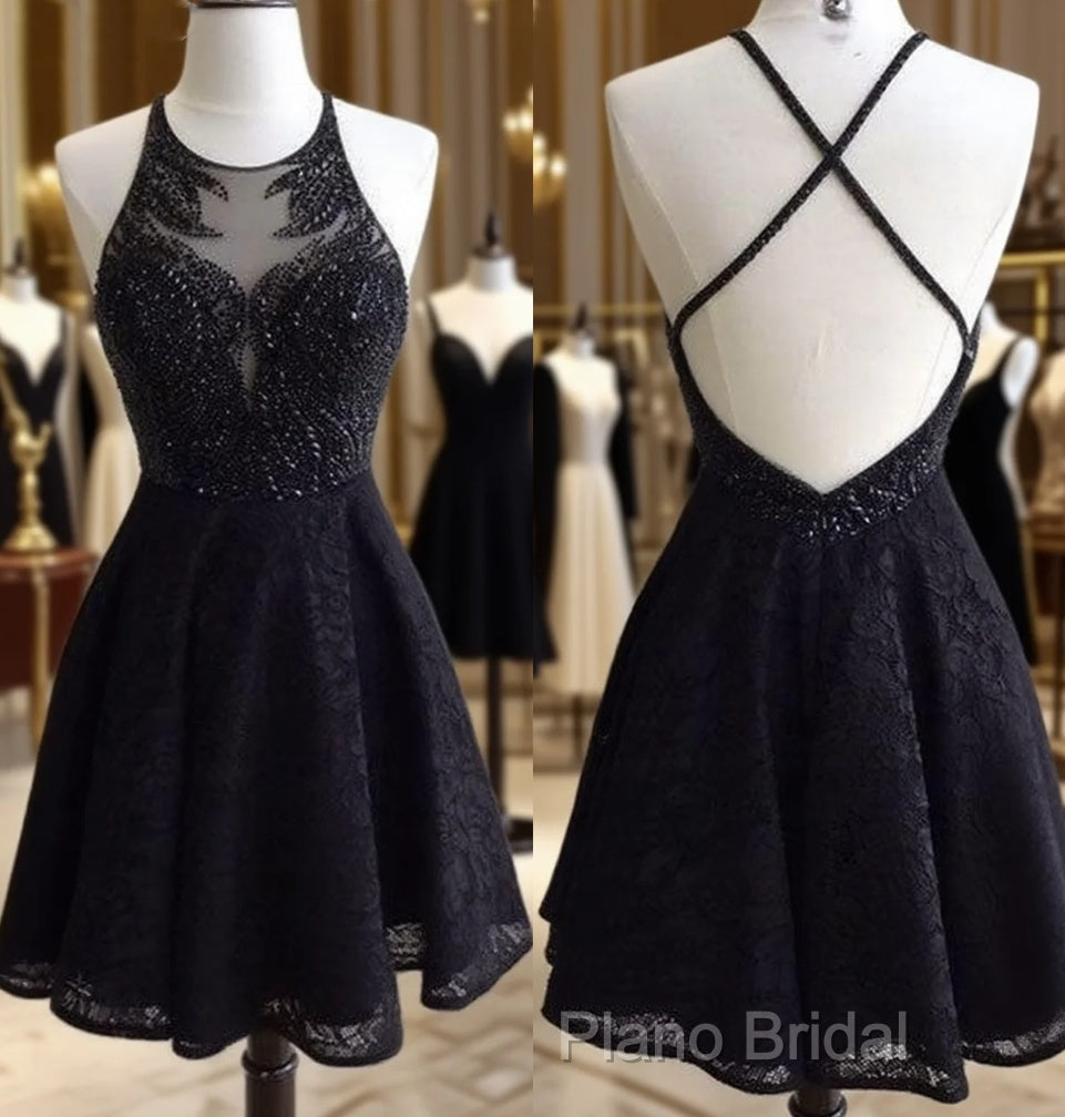 Black Lace Beaded Short Formal Prom Dresses, Cute Black Homecoming Dresses