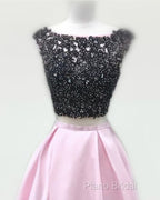 Black Lace Beaded Two Piece Satin Formal Prom Dresses