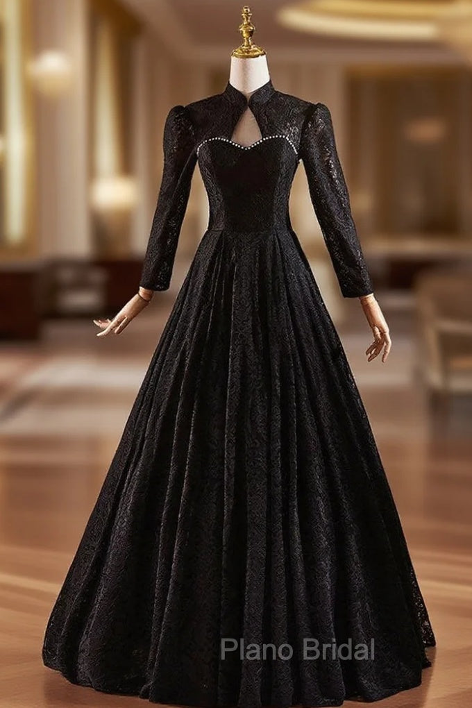 Black Lace Long Sleeve Backless Formal Prom Dresses Main image