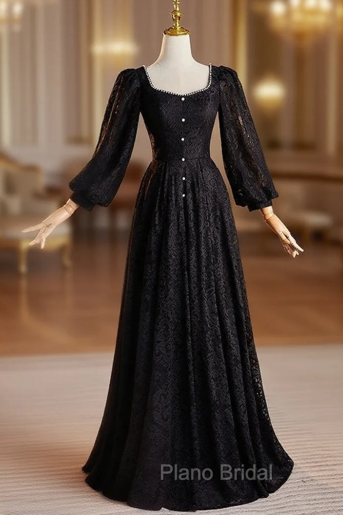 Black Lace Long Sleeve Square Neck Pearls Formal Prom Dresses
