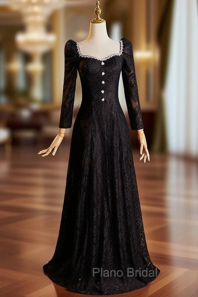 Black Lace Long Sleeve Square Neck Formal Prom Dresses