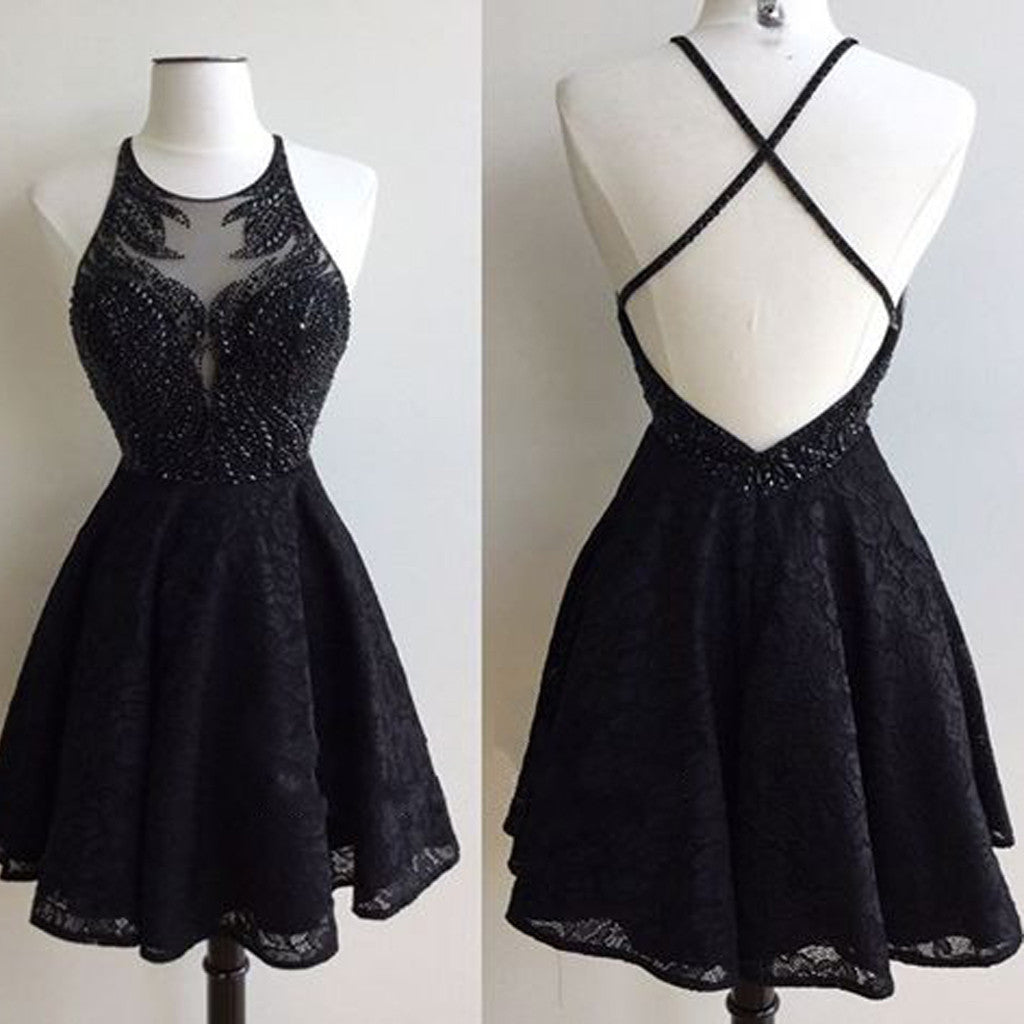 Black Lace Open Back Beaded Sexy Prom homecoming Formal Prom Dresses