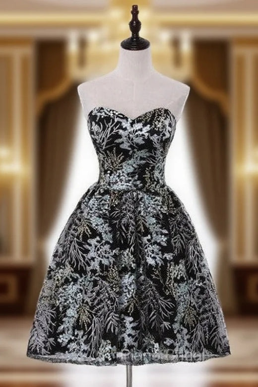 Black Lace Print Strapless Homecoming Dresses Main image