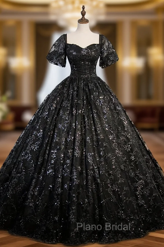 Black Lace Sequins Puff Sleeve Quinceanera Dresses