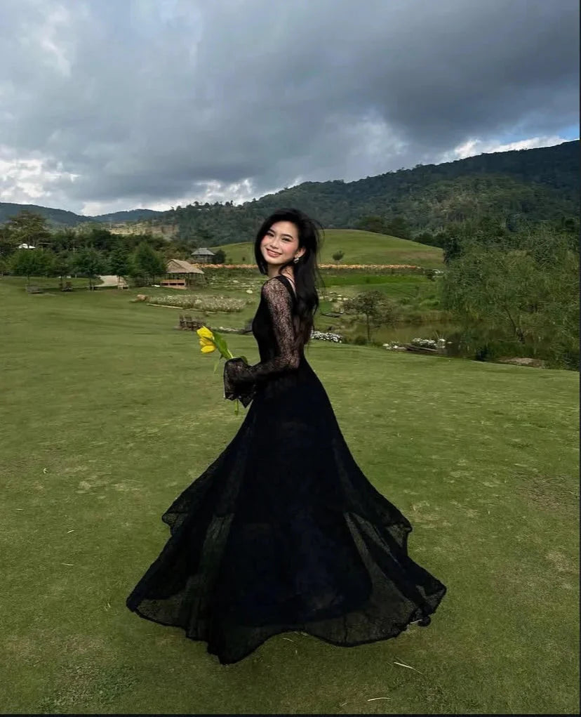 Black Lace Sexy A Line Long Sleeve Formal Evening Dresses Formal Prom Dresses Formal Gown