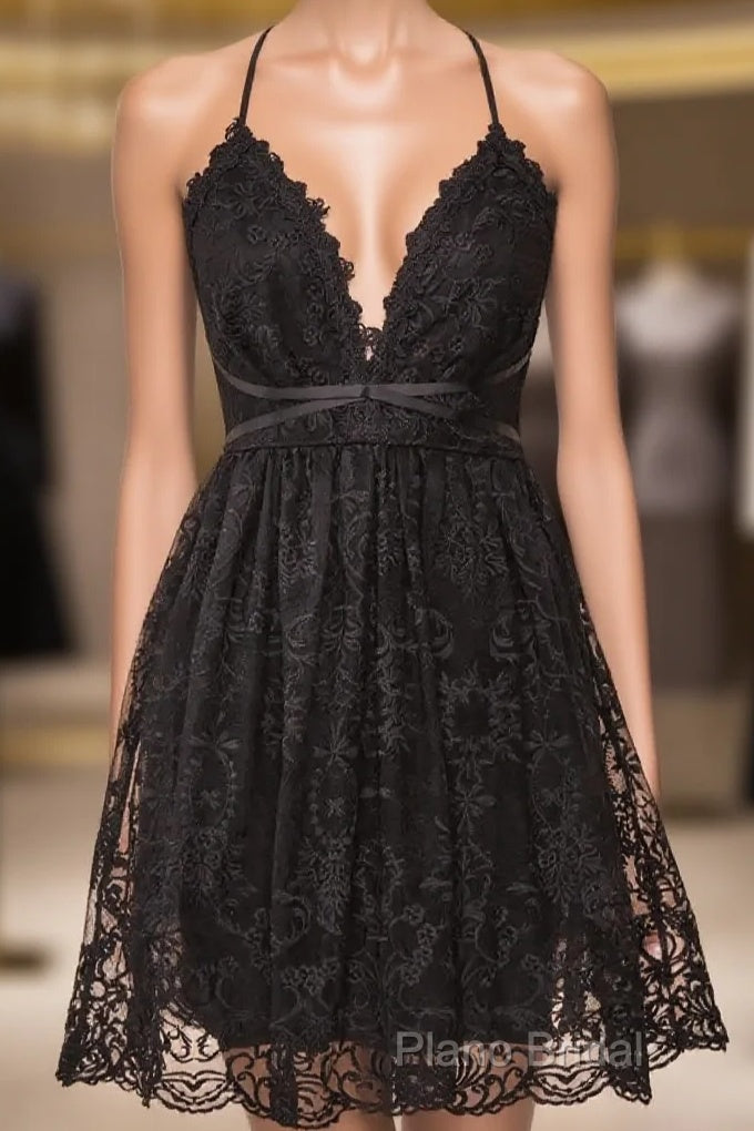 Black Lace Straps A-Line Short Party Dresses Lace Homecoming Dresses Main image