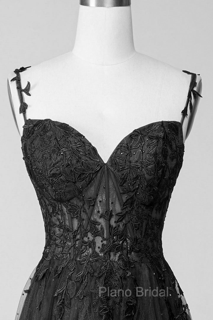 Black Lace Straps Beaded A-line Formal Prom Dresses Party Dresses, Black Floor Length Formal Dresses