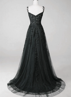 Black Lace Straps Beaded A-Line Formal Prom Dresses Party Dresses, Black Floor Length Formal Dresses