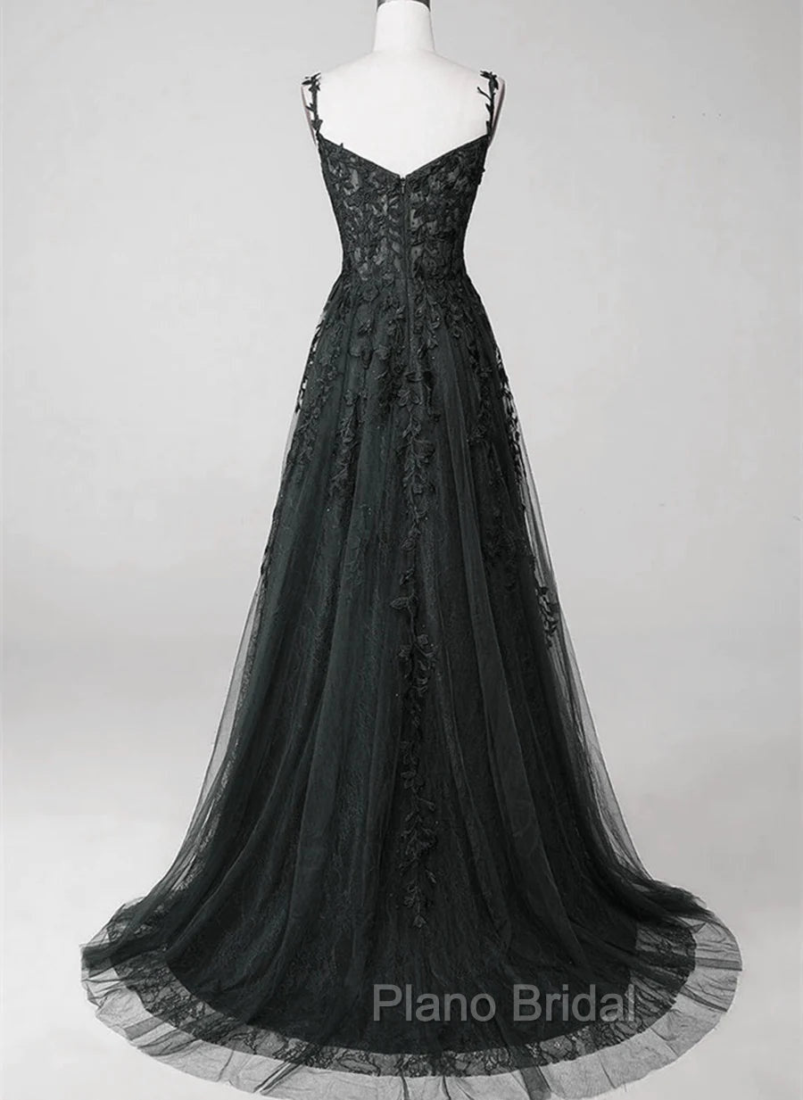 Black Lace Straps Beaded A-line Formal Prom Dresses Party Dresses, Black Floor Length Formal Dresses