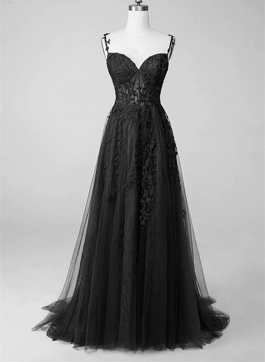 Black Lace Straps Beaded A-Line Formal Prom Dresses Party Dresses, Black Floor Length Formal Dresses Main image