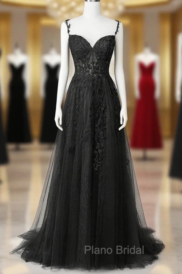 Black Lace Straps Beaded A-line Formal Prom Dresses Party Dresses, Black Floor Length Formal Dresses Main image