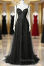 Black Lace Straps Beaded A-line Formal Prom Dresses Party Dresses, Black Floor Length Formal Dresses