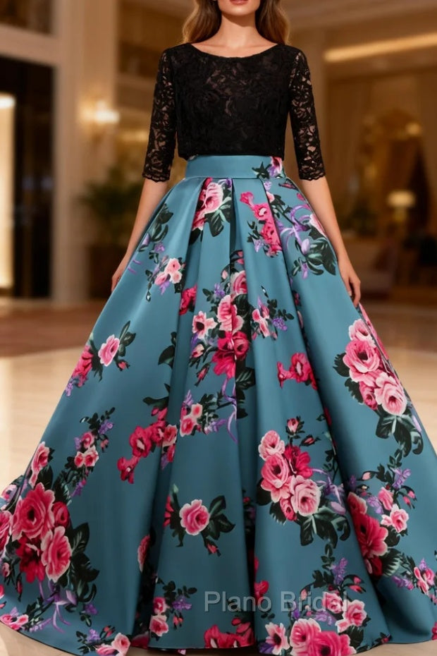 Black Lace Three Quarters Sleeve Print Backless Party Dresses