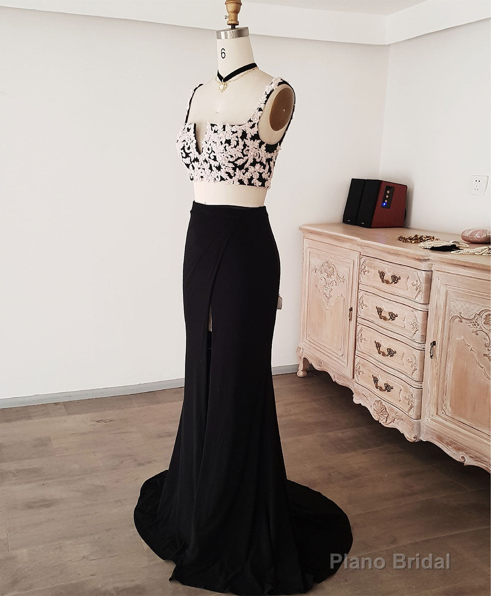 Black Lace Two Pieces Long Prom Dress, Black Evening Dress with Lace Beading Main image