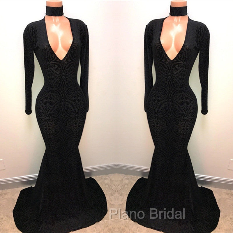 Black Lace V-Neck Formal Prom Party Gowns| Mermaid Long-Sleeve Evening Gowns