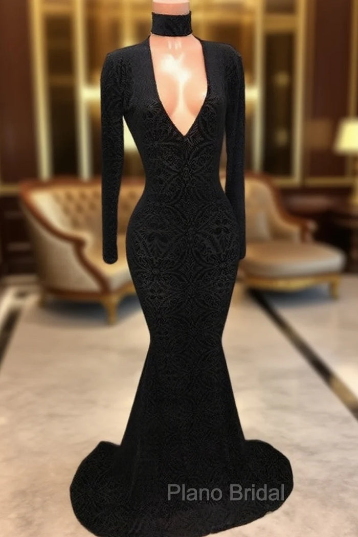 Black Lace V-Neck Formal Prom Party Gowns| Mermaid Long-Sleeve Evening Gowns Main image