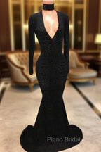 Black Lace V-Neck Formal Prom Party Gowns| Mermaid Long-Sleeve Evening Gowns
