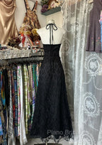 Black Lace V-Neckline A-Line Halter Party Dresses, Black Vintage Style Formal Prom Dresses