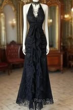 Black Lace V-Neckline A-Line Halter Party Dresses, Black Vintage Style Formal Prom Dresses
