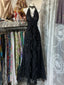 Black Lace V-Neckline A-Line Halter Party Dresses, Black Charming Style Formal Prom Dresses