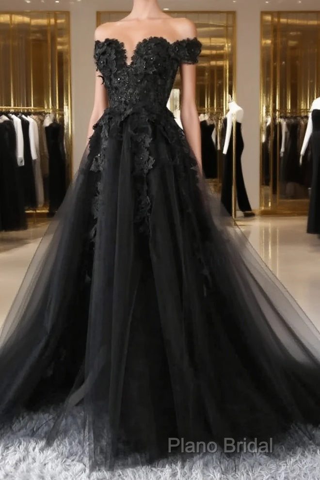 Black Lace Wedding Dresses Off The Shoulder Pearls Tulle Formal Prom Dresses Main image
