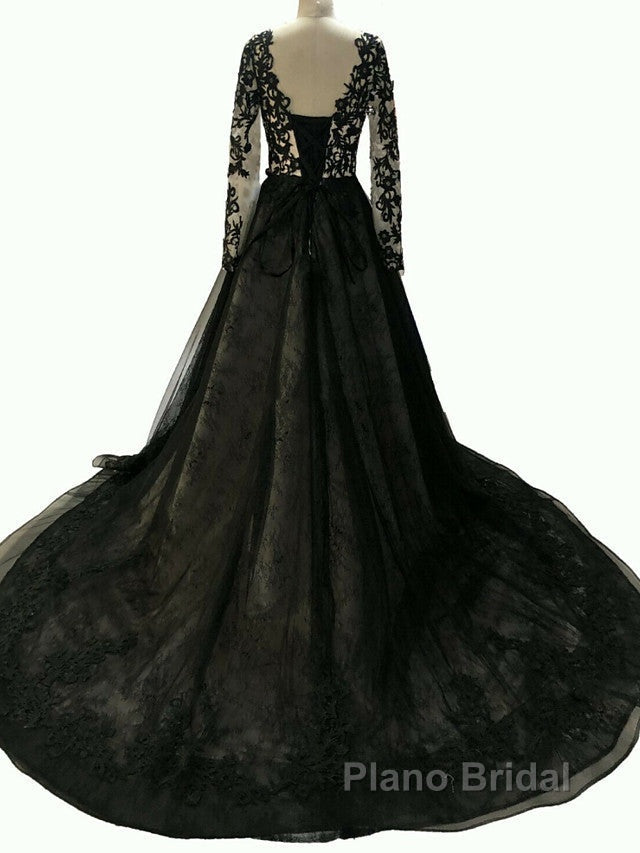 Black Long A-Line V Neck Lace Tulle Wedding Dresses with Sleeves Secondary image