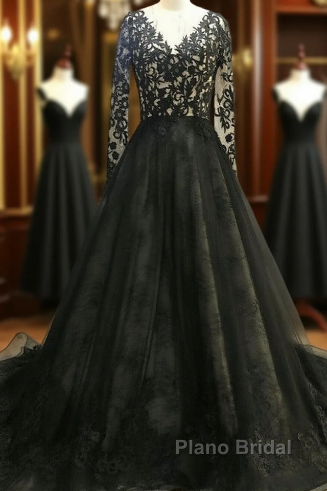Black Long A-Line V Neck Lace Tulle Wedding Dresses with Sleeves Main image
