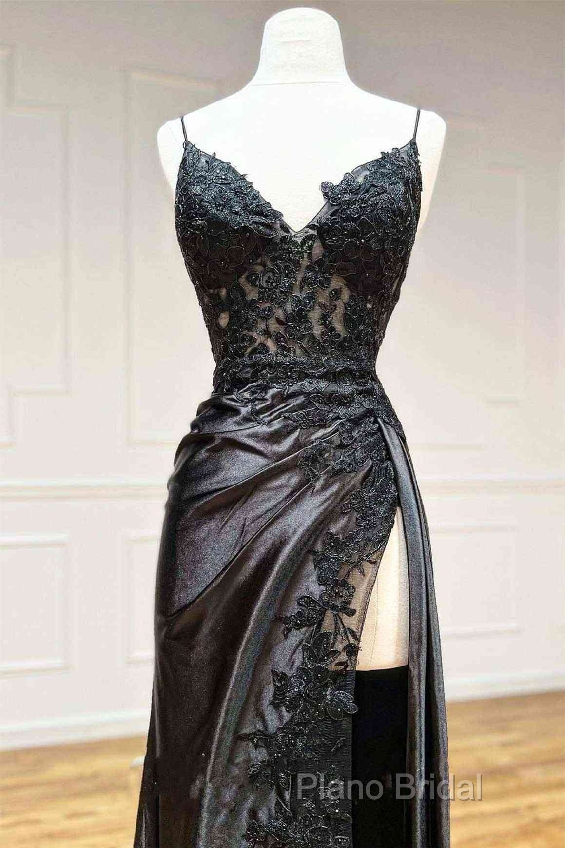 Black Long Appliques Formal Prom Dresses With Spaghetti Straps