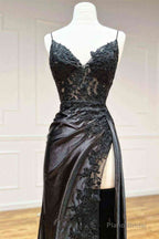 Black Long Appliques Prom Dress with Spaghetti Straps,Vintage Formal Dresses