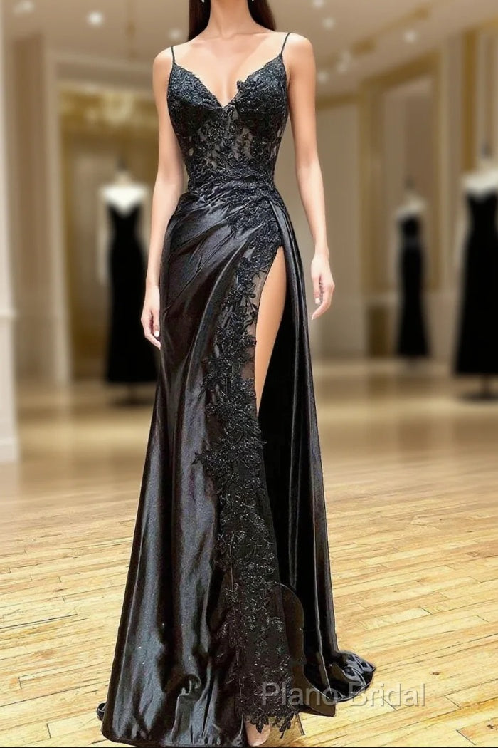 Black Long Appliques Formal Prom Dresses With Spaghetti Straps Main image