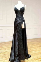 Black Long Appliques Formal Prom Dresses With Spaghetti Straps