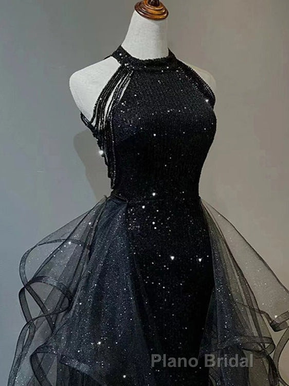 Black Long Mermaid Halter Sequined Tulle Formal Prom Dresses Secondary image