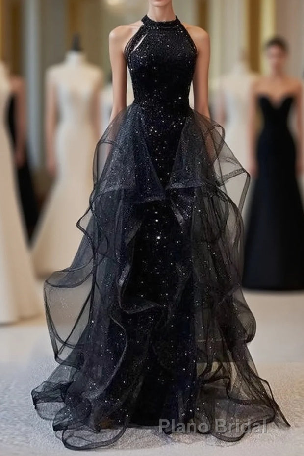 Black Long Mermaid Halter Sequined Tulle Formal Prom Dresses Main image