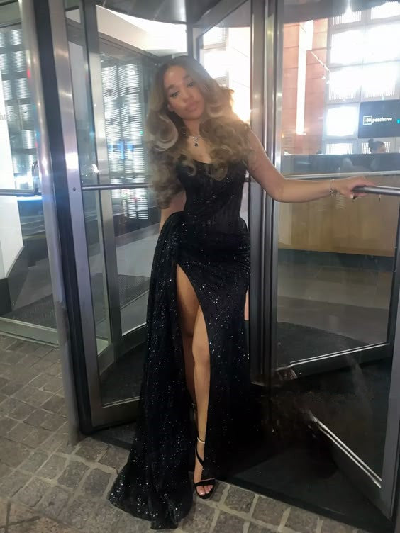 Black Long Formal Prom Dresses With Slit ,Strapless Formal Evening Dresses