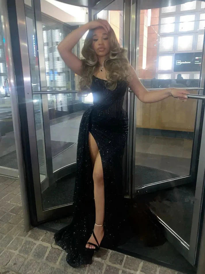 Black Long Formal Prom Dresses With Slit ,Strapless Formal Evening Dresses