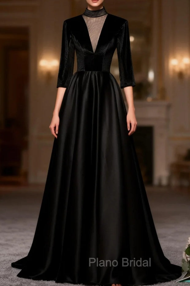 Black Long Sleeve Satin High Neck Formal Prom Dresses Main image