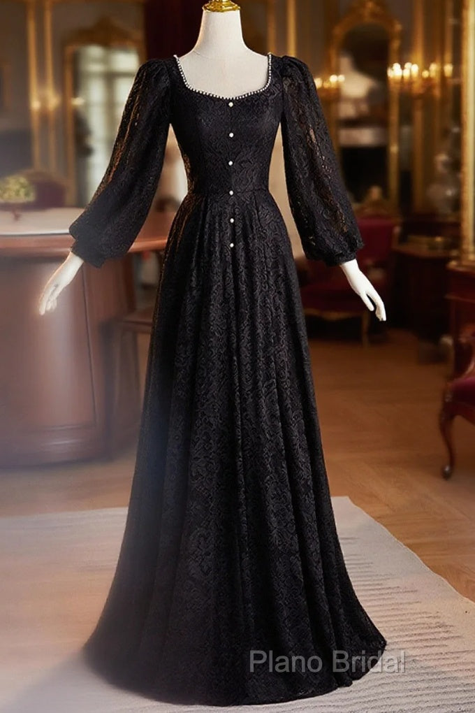 Black Long Sleeves Lace A-Line Party Dresses, Black Lace Wedding Party Dresses Main image