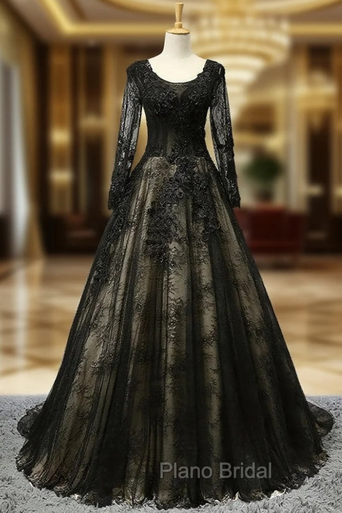 Black Long Sleeves Lace Formal Prom Dresses, Black Evening Gown