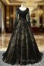 Black Long Sleeves Lace Formal Prom Dresses, Black Evening Gown