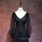 Black Long Sleeves V-neckline Evening Dresses, Black Formal Prom Dresses