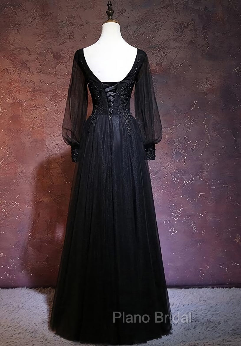 Black Long Sleeves V-neckline Evening Dresses, Black Formal Prom Dresses
