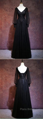 Black Long Sleeves V-neckline Evening Dresses, Black Formal Prom Dresses